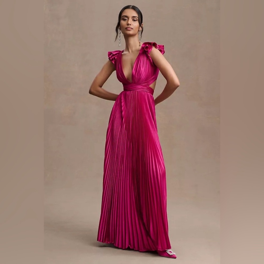 Mac Duggal Pleated Ruffled Cap Sleeve Cut Out Lace
Up Fuschia Satin Gown